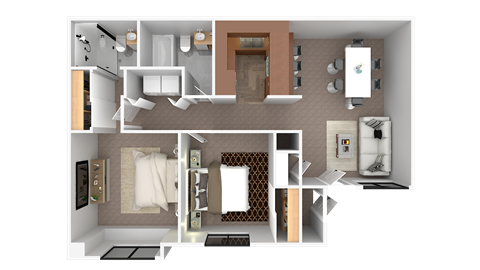 Floor plan for 2 beds, 2 baths, 909 sqft